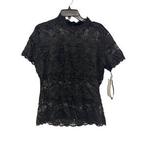 Guess Lace Black Short Sleeve Blouse Womens Size L Elegant Stretch Design